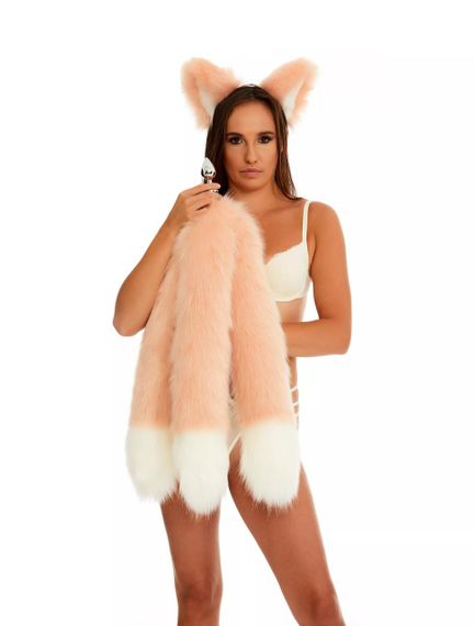 Анальний потрійний хутряний хвіст без пробки, Персиковий з білим кінчиком, OKOVA 60 см. Sex Aura | Зображення 2