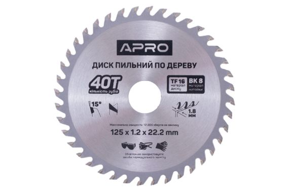 Диск пильный Apro - 125 x 22,2 мм x 40T (830105)