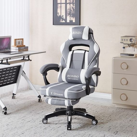 Крісло геймерське з тканини Bonro Бонро B-141 біло-сіре з підставкою для ніг (42401111) | Зображення 8