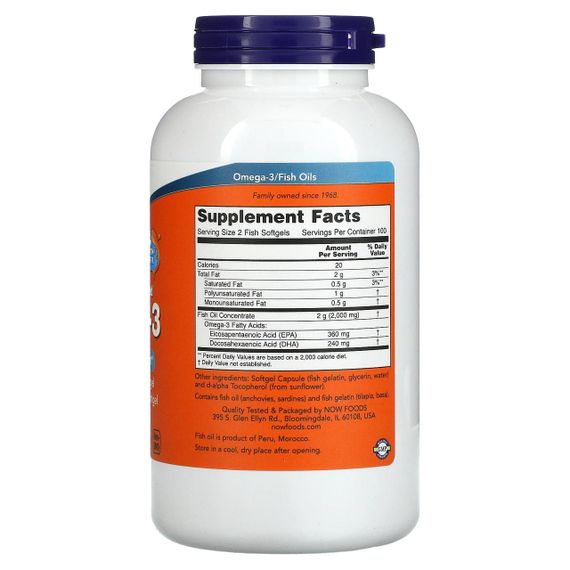 Омега-3, Omega-3, Now Foods, 180 ЕПК/ 120 ДГК, 200 рибних гелевих капсул | Зображення 1