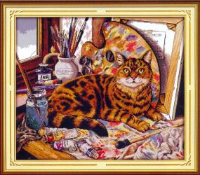 Набор для вышивания по нанесённой на канву схеме "Cat and oil painting".AIDA 14CT printed,54*48см