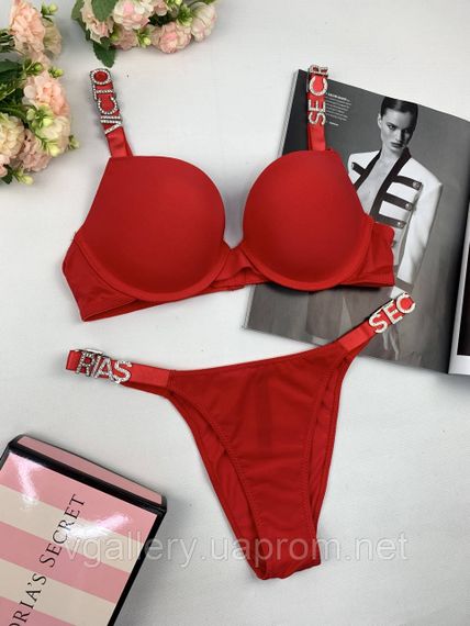 Комплект червоної жіночої нижньої білизни Victoria's Secret Модель Букви Стрази Вікторія Сікрет | Зображення 1