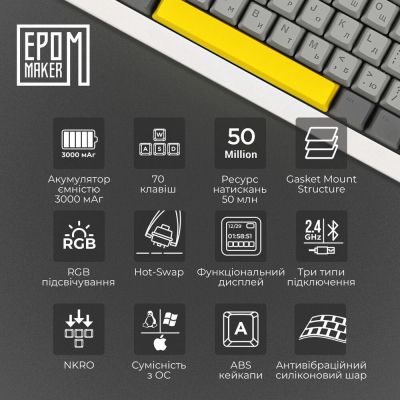 Клавиатура Epomaker Shadow-X 70 Mulan Switch Hot-Swap LCD Screen RGB Wireless/Bluetooth/USB UA White (SHX-W-M) | Зображення 3