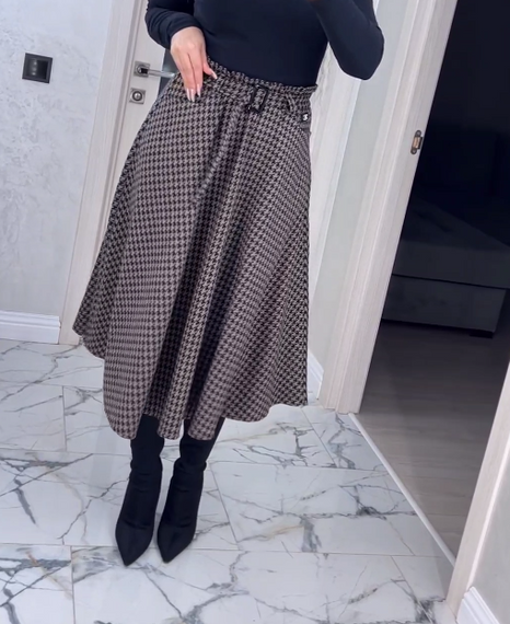 Женская свободная юбка гусиная лапка трапеция миди BU8777 цвет черно-коричневый, размер 42/44 | Зображення 1