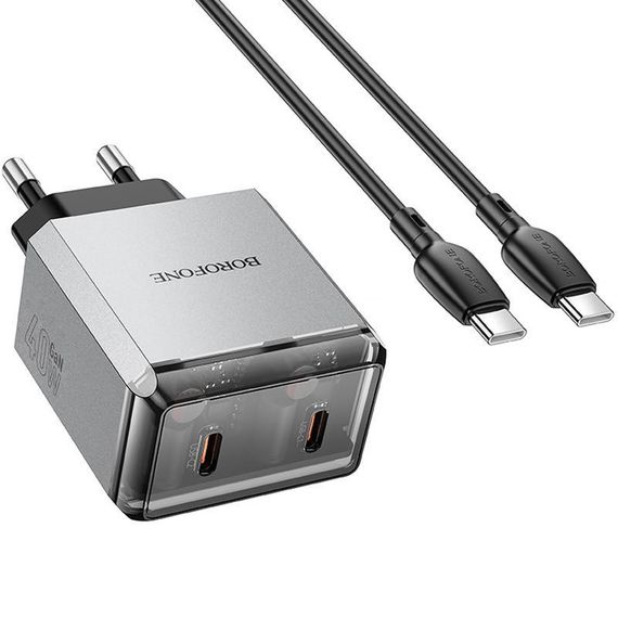 СЗУ Borofone BN21 Lena PD40W+QC3.0 (2USB-C) + кабель Type-C to Type-C Metal gray | Зображення 4