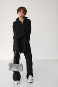 Вільний костюм в рубчик зі светром і прямими штанами - чорний цвет, ONE SIZE (є розміри)