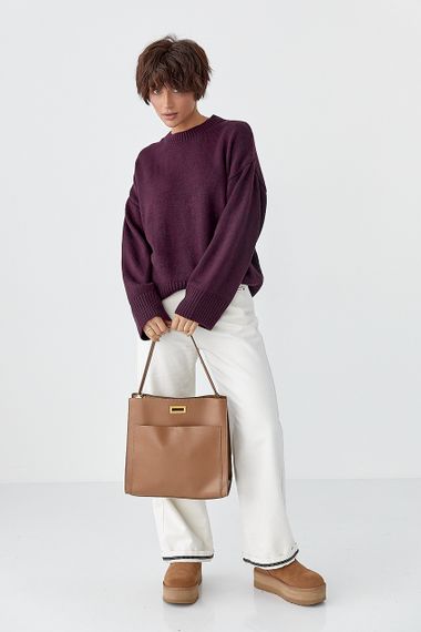 В'язана однотонна кофта вільного фасону - бордо цвет, S (є розміри) | Зображення 2