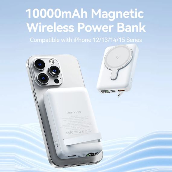 УМБ Vention Magnetic Wireless 10000mAh 22.5W 3A, PD,QC 3.0,USB-C,Lightning,USB-A,LED Display Black | Зображення 1