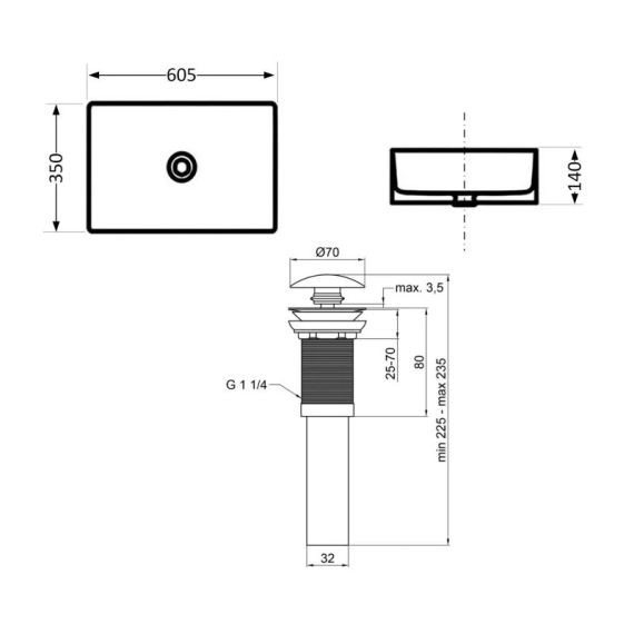 Комплект Qtap Tern: Раковина накладна прямокутна 610x350x135 мм WHITE + Донний клапан PU02 | Зображення 1