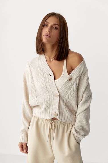 Короткий в'язаний кардиган з косичками - бежевий цвет, ONE SIZE (є розміри) | Зображення 4