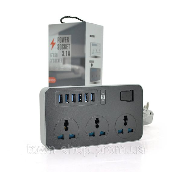 Сетевой фильтр ТВ-Т09, 3 розетки + 6 USB, 2 м, сечение 3х0,75мм, 3000W, Black-grey, Box