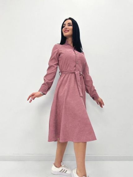 Женское модное вельветовое платье миди с поясом GF08575 цвет пудровый, размер 42/44 | Зображення 4