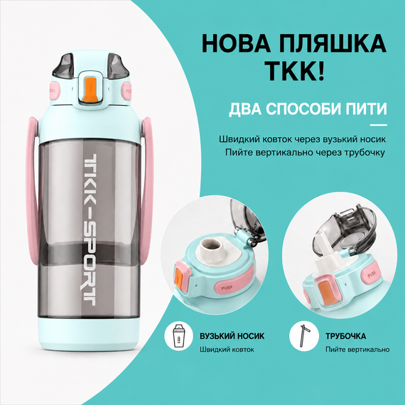 Бутылка TKK 1400 мл - Бирюзовая Tritan BPA-free, ударопрочная, спортивная с двойной системой переноски | Зображення 1