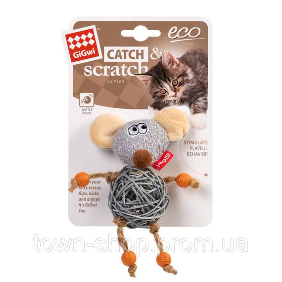 Игрушка для котов Мышка с колокольчиком GiGwi Catch&Scratch, текстиль, веревка, ротанг, 8 см | Зображення 1