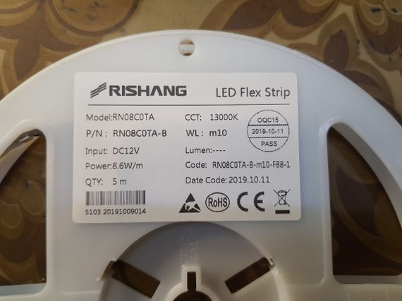 Світлодіодна стрічка холодно-біла 2835-120-IP33-CWd-8-12RN08C0TA-B WL:m10 RISHANG 13000k | Зображення 2