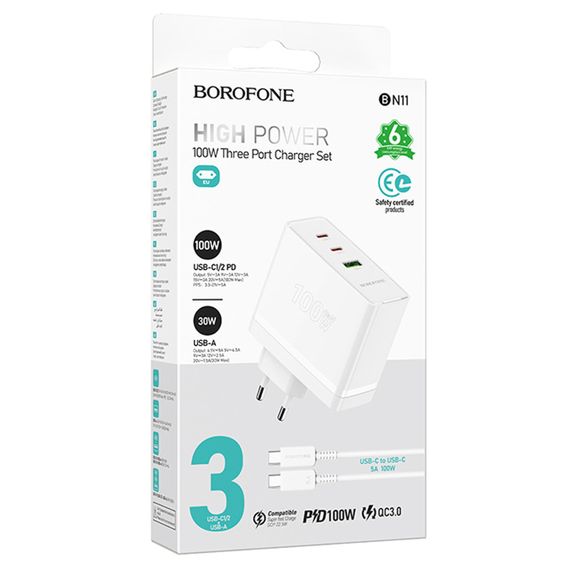 МЗП Borofone BN11 Imperial PD100W+QC3.0 (1USB-A/2C) + кабель Type-C to Type-C White | Зображення 1