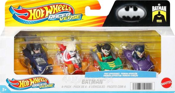 Набір із 4-ти машинок Хот Вілс Бетмен Оригінал Hot Wheels RacerVerse Batman Бетмобіль, Харлі Квінн, Робін, Жінка-Кішка