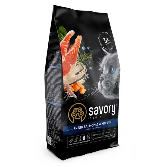 Сухий корм Savory для дорослих котів, лосось і біла риба 2кг