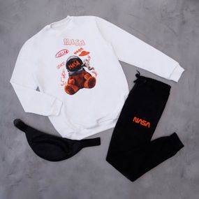 Мужской спортивный костюм худи + штаны с принтом Мишка Nasa OC1279 цвет белый размер XXL