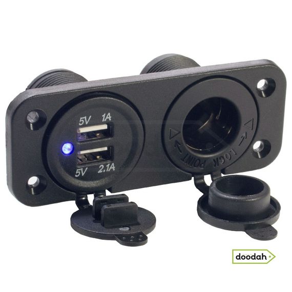 Авто / Мото USB зарядний пристрій Recessed Twin Charging з прикурювачем, IP54, 2,1А