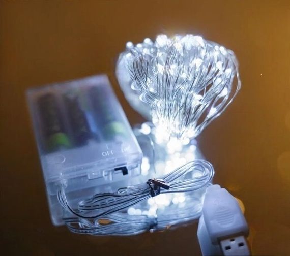Новогодняя гирлянда Роса на батарейках USB разъем 100 LED 10м USB белый