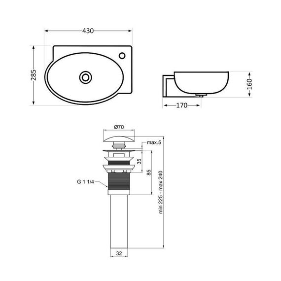 Комплект Qtap Leo: Раковина подвесная овальная правая 430x285x160 мм White + Донный клапан PU02O | Зображення 1