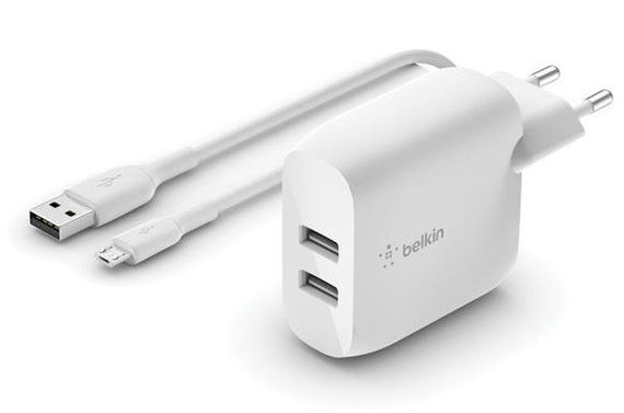 Сетевое ЗУ Belkin Home Charger 24W DUAL USB 2.4A, USB-C 1m, white (WCE001VF1MWH)