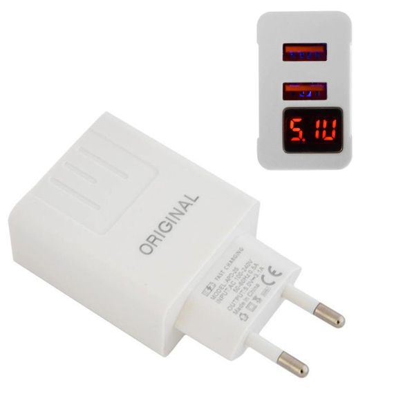 Зарядное устройство адаптер с LED дисплеем, 2 USB, 220В, QC03 5740/ Быстрая зарядка для телефона