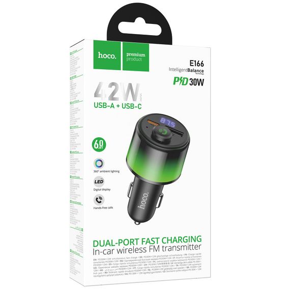 АЗП FM модулятор Hoco E166 Path PD42W+QC3.0 (1USB-A/1C) Black | Зображення 1
