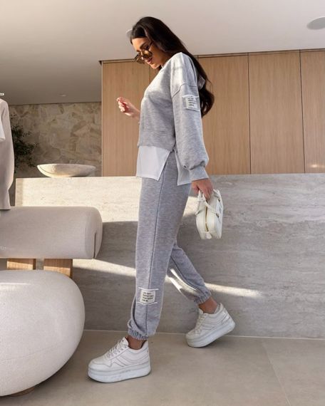 Женский спортивный прогулочный костюм штаны и худи с эффектом футболки, LI2046 цвет серый, размер 46/48 | Зображення 1