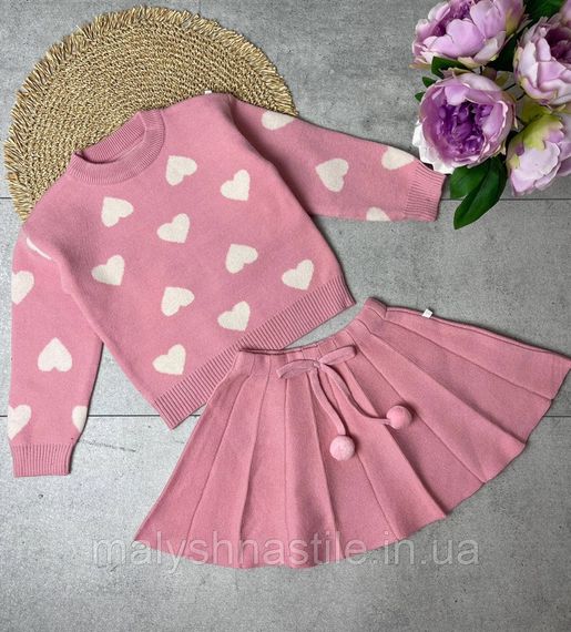Дитячий теплий в'язаний костюм для дівчинки: кофта та спідниця, рожевий | Зображення 1