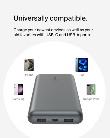 Акумулятор портативний Belkin літій-іонний Power Bank 20000мА·год, 15Вт, 2хUSB-A/USB-C, cірий (BPB012BTGY) | Зображення 4