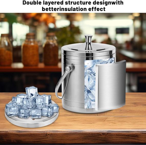 Ведро для льда 2л с крышкой, щипцами, ситечком термоизолированное с двойными стенками для охлаждения напитков. | Зображення 3