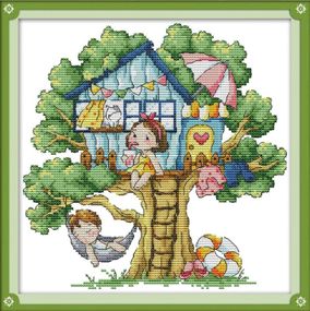 Набір для вишивання за нанесеною на канву схемою "Summer tree house". AIDA 14CT printed, 27*27 см