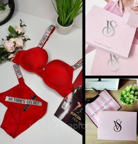 Белый комплект белья Виктория Сикрет | Лифчик и трусики Буквы Victoria’s Secret L, 80С, Красный