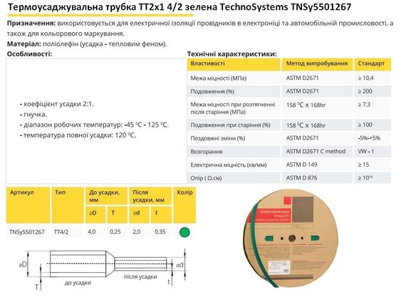 Термоусадочна трубка ТТ2х1 4/2 зелена в рулонах 200м Ny95501267 | Зображення 1