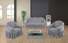 Жакардовий чохол на диван + 2 крісла Stone з спідницею світло-сірий