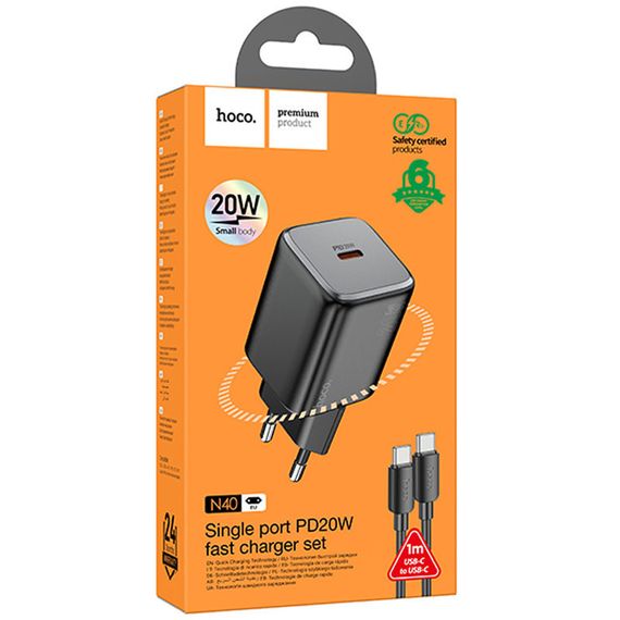СЗУ Hoco N40 Mighty PD20W (1USB-C) + кабель Type-C to Type-C Black | Зображення 5