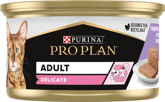 Вологий корм Purina PRO PLAN Delicate Adult для дорослих котів із чутливим травленням, мус з індичкою 86г | Зображення 1