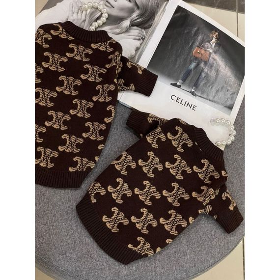 Брендовый свитер для собак CELINE с логотипами на спине, коричневый