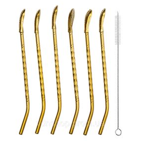 Набір багаторазових ложок-трубочок 6 шт для напоїв 19,5 см з щіткою Золотистий HP-20-56