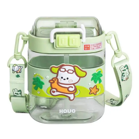 Пляшка для води дитяча з трубочкою та ремінцем 560 мл пляшечка для пиття в школу 15 см Зелена HP-14-36GR