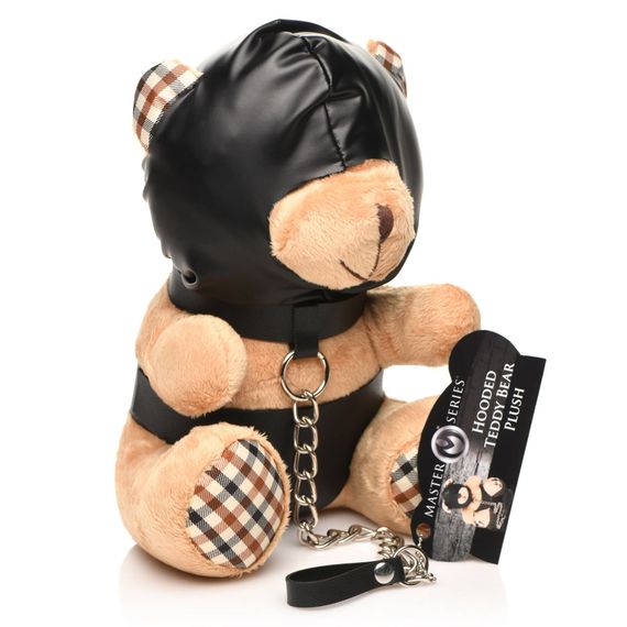 Плюшевий ведмедик HOODED Teddy Bear БДСМ у шкіряному капюшоні з повідцем, 23x16x12 см | Зображення 1
