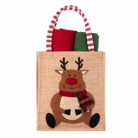 Подарунковий набір рушничків в мішечку Ardesto Christmas Deer 38х63см, 2шт, 100% бавовна, червоний, зелений (ART3863HDB)