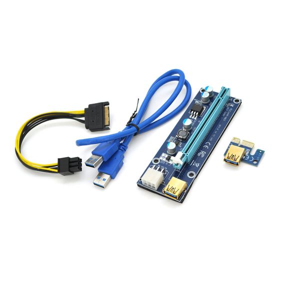 Riser PCI-EX, x1 => x16, 6-pin, SATA => 6Pin, USB 3.0 AM-AM 0, 6 м (синій), конденсатори 270, Пакет