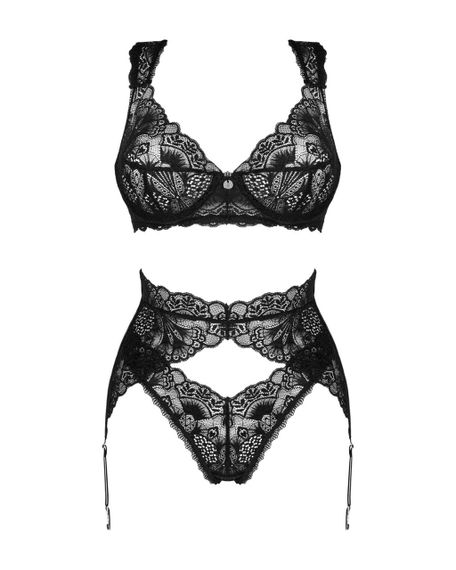 Комплект білизни Obsessive Donna Dream 3-pcs set XL/2XL Black, бюстгальтер, стрінги, пояс для панчіх Sex Aura | Зображення 2
