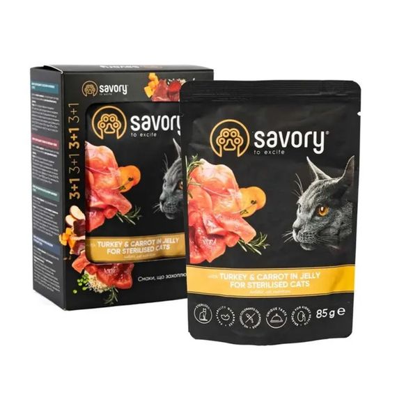 Набір паучів Savory Sterilised Cats with Turkey and Carrots in Jelly 3+1 | Зображення 1