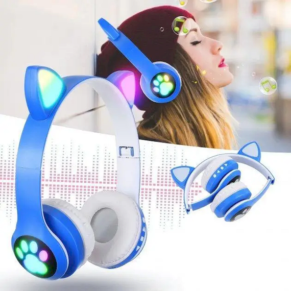 Беспроводные Bluetooth наушники с кошачьими ушками и цветной подсветкой Синий