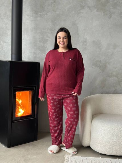 Тепла жіноча бордова піжама PLUS SIZE з мікрофлісу | Зображення 1