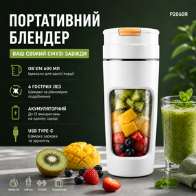 Портативний блендер P2060R на 600 мл, Tritan BPA-free, акумуляторний із 4 лезами, USB Type-C, білий